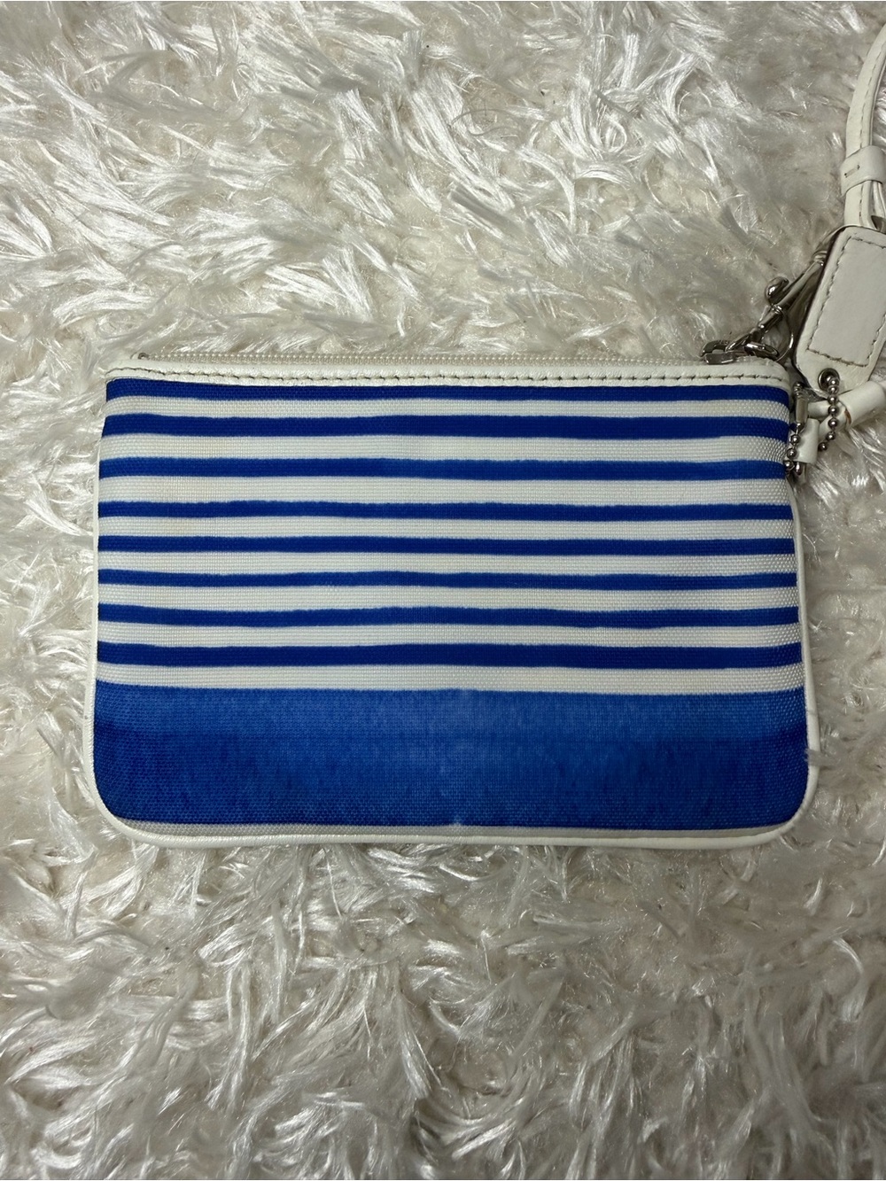 Coach Poppy Blue White Striped Wristlet with Red Sequin Script - Picture 3 of 5